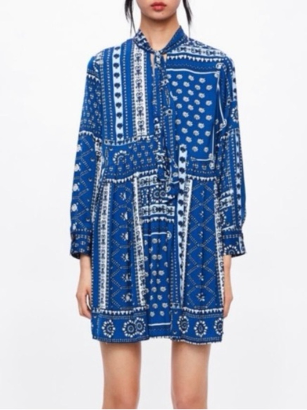 Zara Patchwork Pleated Long Sleeve Mini Dress in Bandana Blue, Women’s Small - Picture 6 of 16